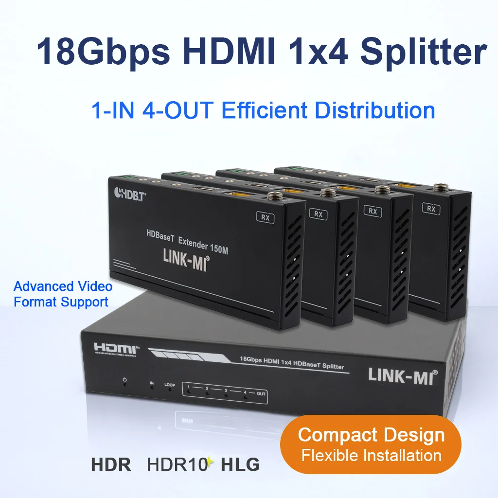 HDMI over Splitter 1 × 4 18 Gbps, 4K @ 60 Hz de áudio HD de 7,1 canais, gerenciamento EDID e função POC, via um único cabo CAT6/6a/7
