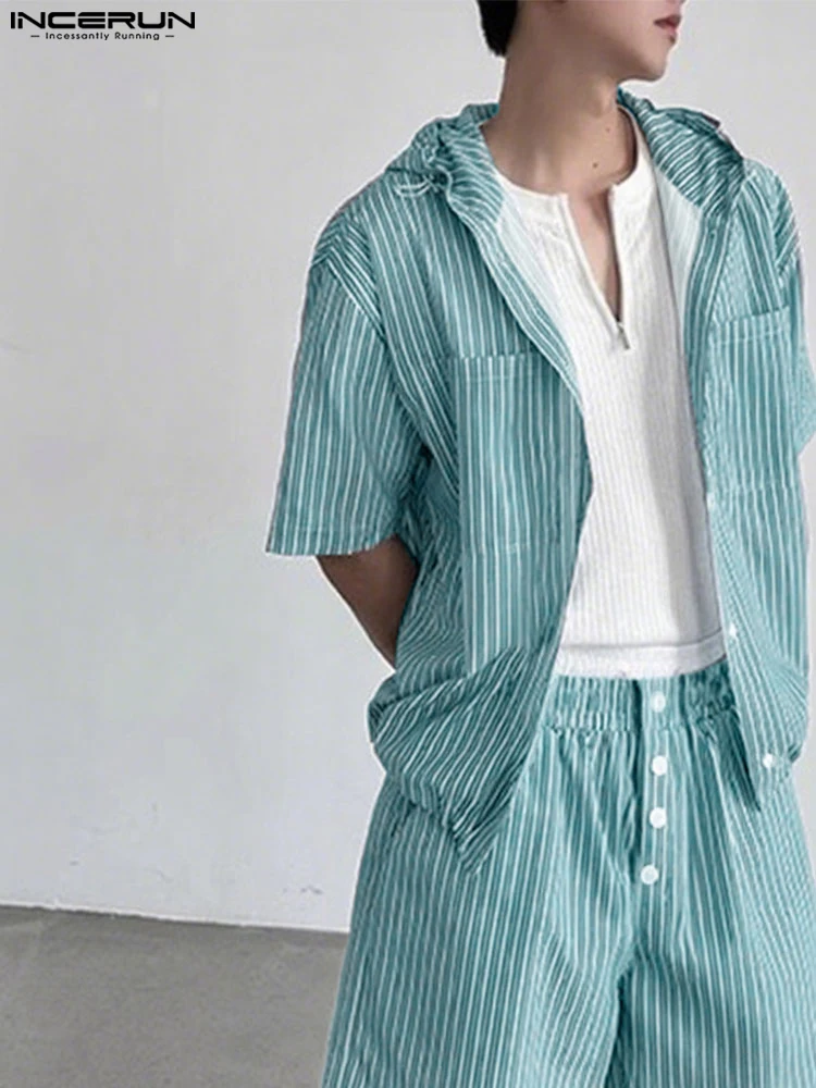 

INCERUN мужские комплекты полосатые костюмы из двух предметов модные летние рубашки с капюшоном повседневные мужские шорты уличная одежда 2 шт. топы короткие брюки