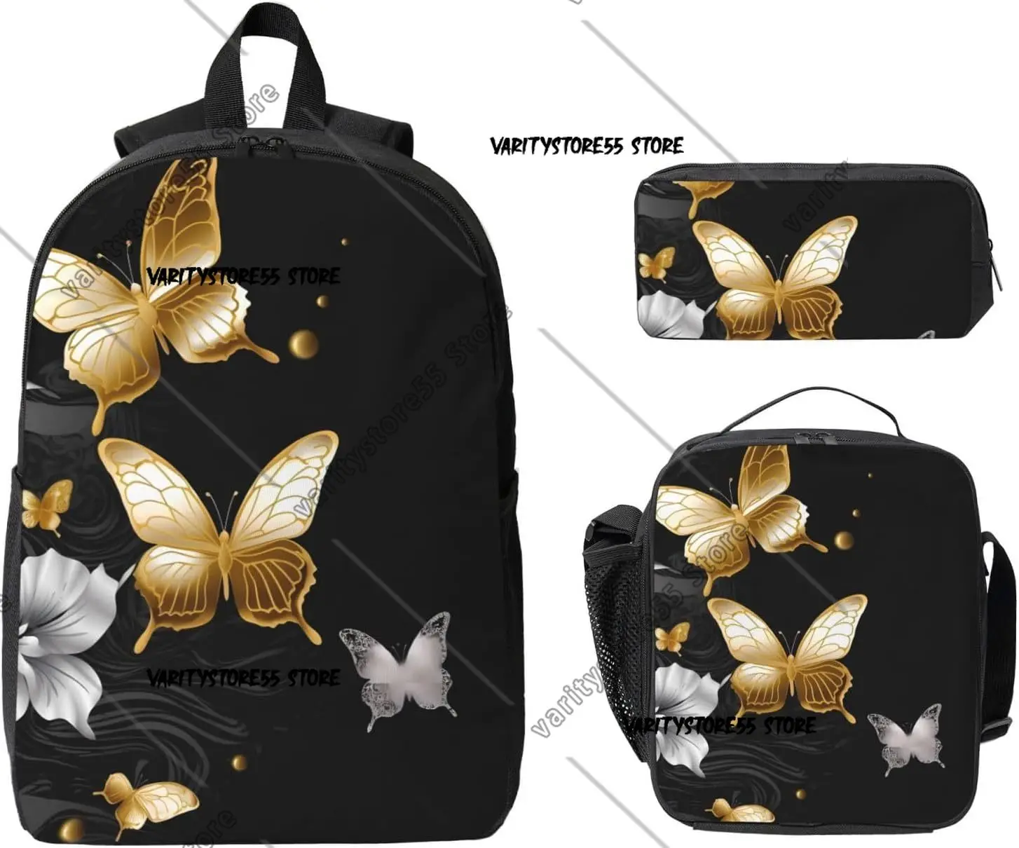 3PCS Gold White Butterflies Black Backpack Set with Insulated Lunch Box Pencil Pouch Bags Shoulder Lunch Bag and Pencil Case Bag