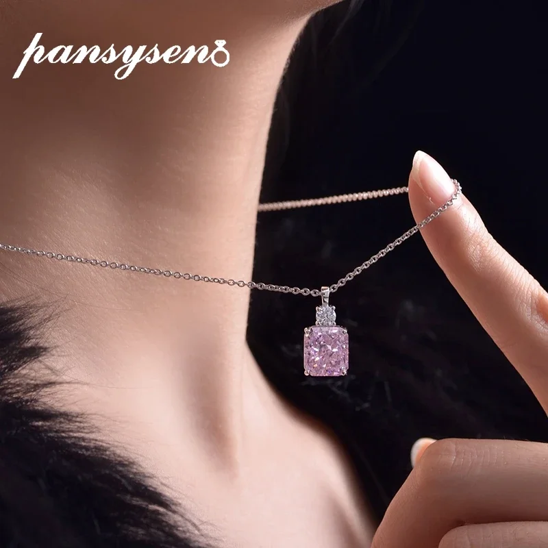 PANSYSEN Romantic 925 Sterling Silver 9*10MM Ice Cut Pink Yellow High Carbon Diamond Pendant Necklaces for Women Fine Jewelry