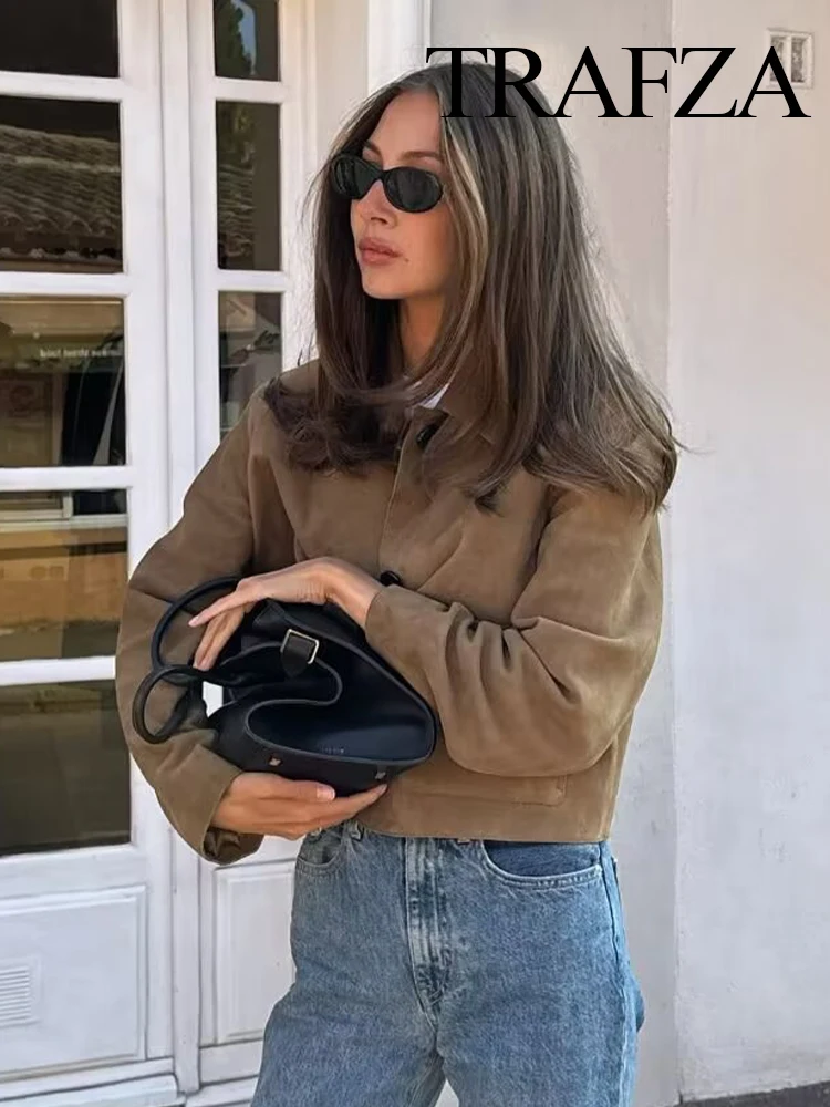 

TRAFZA Women Autumn Fashion Vintage Lapel Single Breasted Suede Pockets Coats Female Versatile 2-Color High Street Casual Jacket
