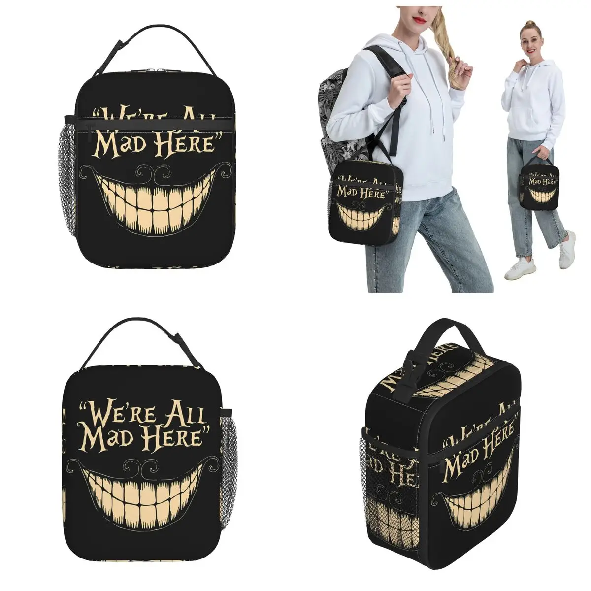 We're All Mad Here Cheshire Cat Insulated Lunch Bags Food Container Bags Portable Cooler Thermal Lunch Boxes For School Office