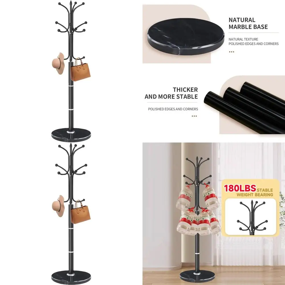 

Stylish Freestanding Metal Coat Rack with 12 Hooks and Natural Marble Base for Home or Office Entryway