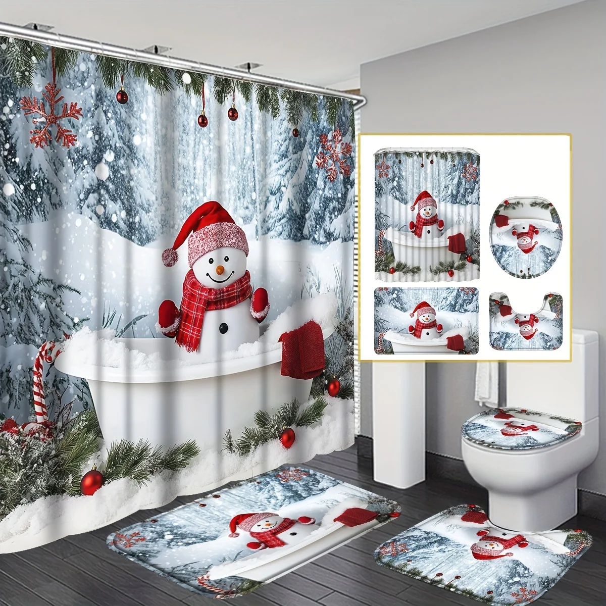 4pc Snow Christmas Shower Curtain Set, Xmas Themed Bathroom Decor, Machine Washable, 12 Hooks Included