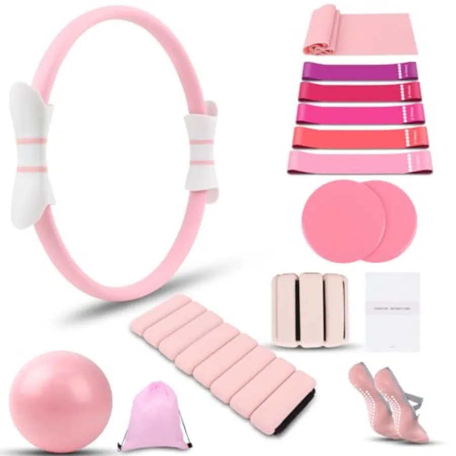

16 PCS Pink Pilates Ring and Ball Set for Women with 15" Magic Circle Home Pilates Equipment Kit with Adjustable 1LB Ankle Wris