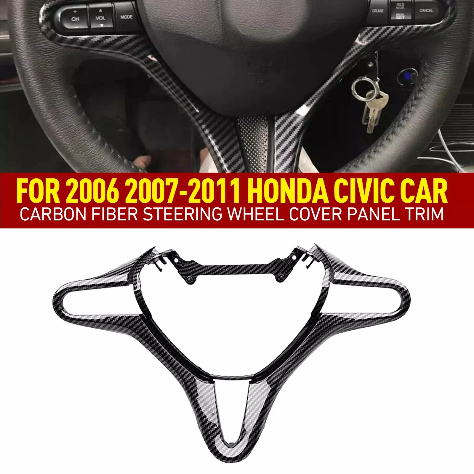 For Honda Civic 2006-2011 Auto Steering Wheel Cover Panel Trim Frame 78540-SVA-A01ZA Carbon Fiber Look