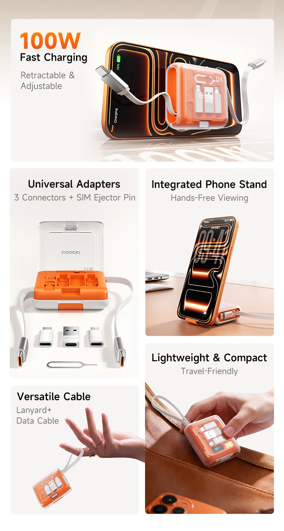 Toocki PD100W Einziehbares Schnellladekabel-Set mit verstecktem Telefonständer & Multi-Adapter für iPhone 16 15 Samsung S23 Xiaomi – Detail 2