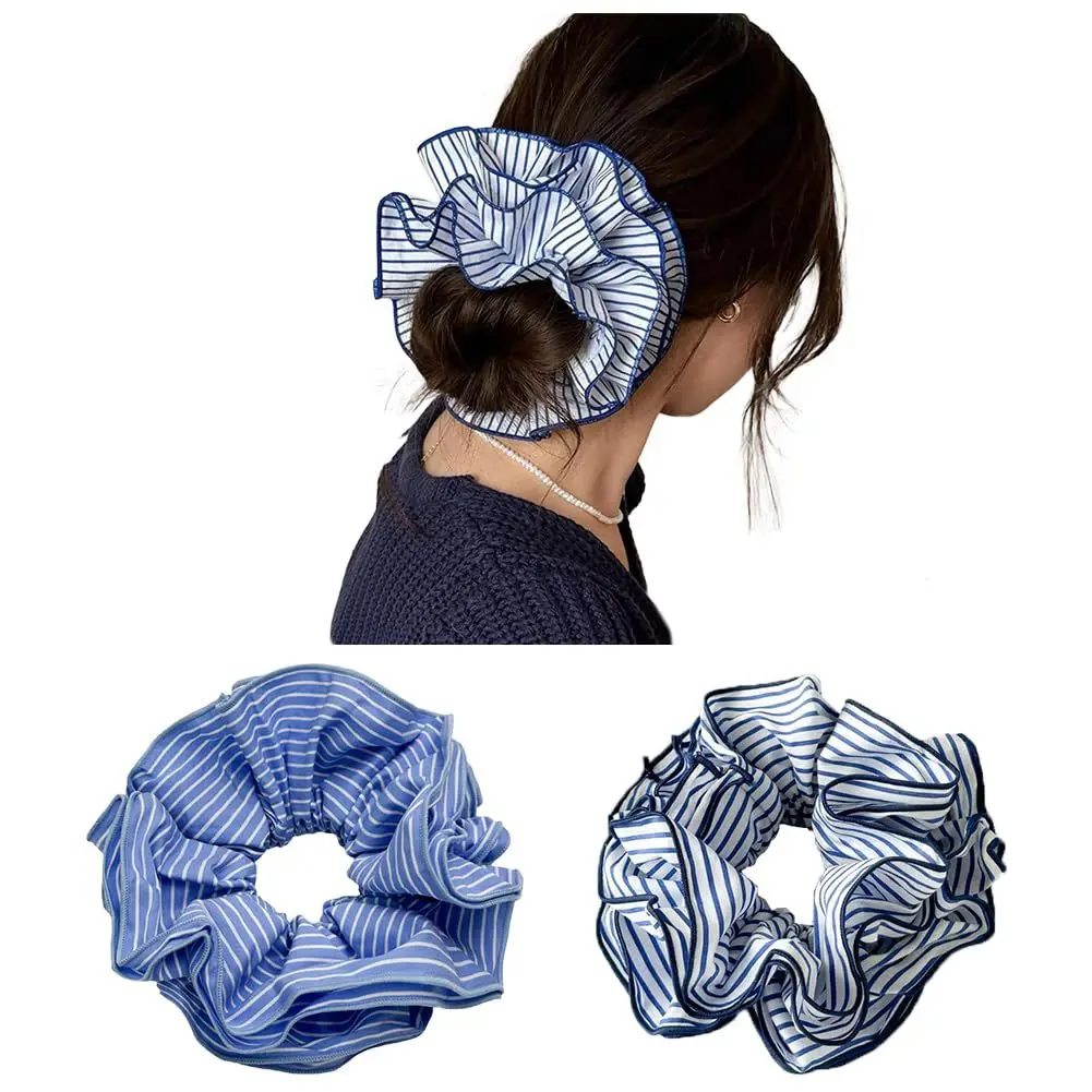 Double Layer Ruffle Scrunchies Rubber Band Blue Striped Hair Rope Ties Women Hair Accessories Ponytail Holder Elastic Hair Bands