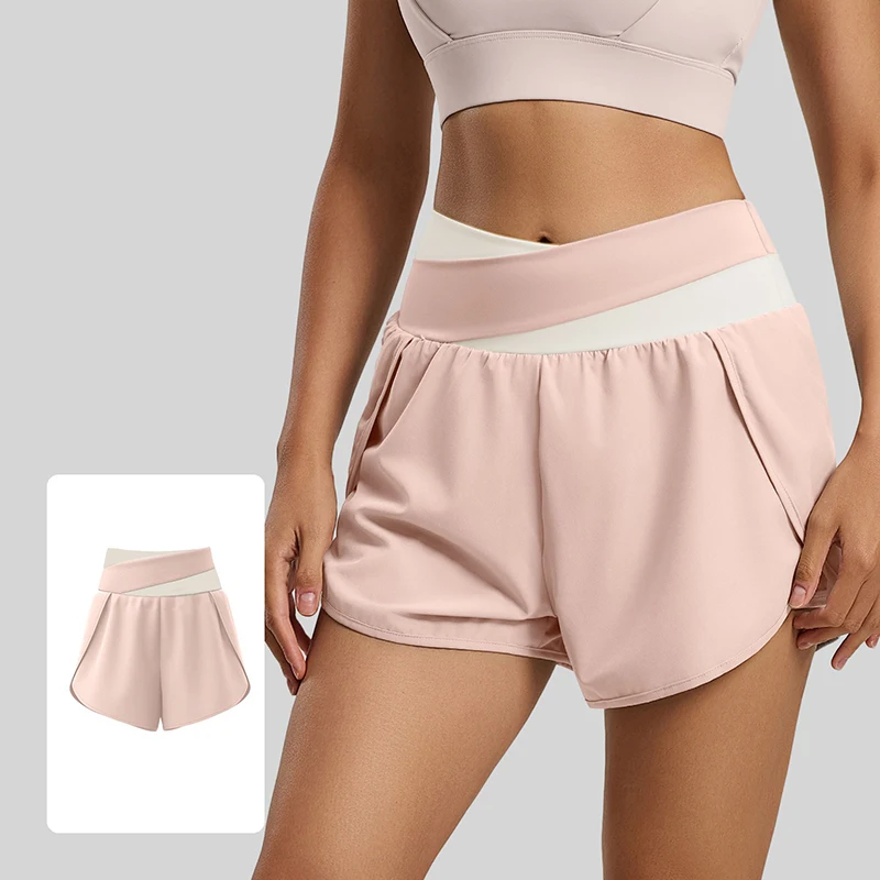 Summer Women Squat Proof Yoga Shorts Skin-Friendly Naked Feeling Gym Clothes Color Block High Waist Sports Shorts for Running