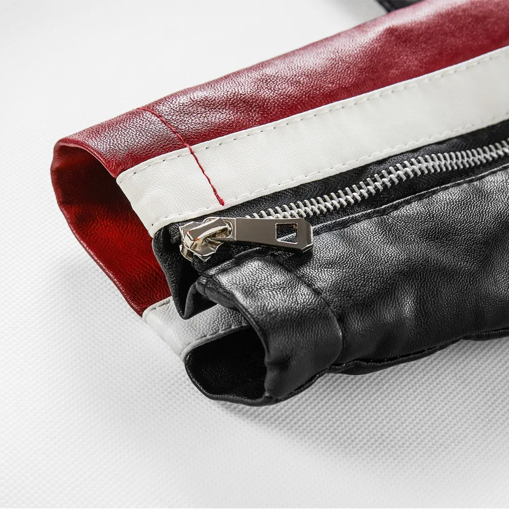 الخريف الشتاء رجل سترة جلدية جديد التباين اللون الوقوف طوق الذكور أفخم معطف رشاقته يندبروف طويلة الأكمام الرجال ملابس خارجية #4