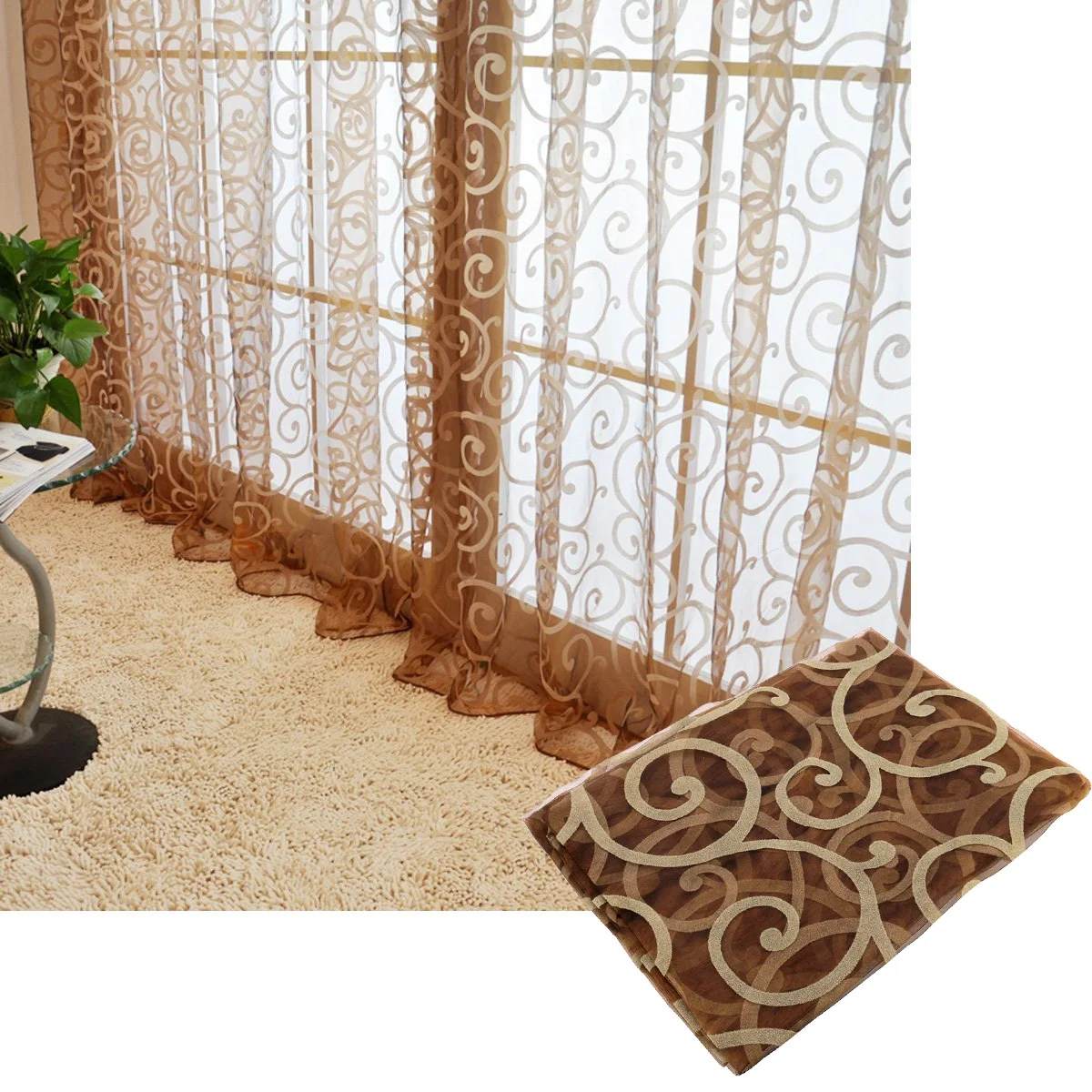 Premium Flocking Sheer Curtains 100X200Cm Coffee For Bedroom Living Room Window Tulle Transparent Voile Screen Rod Pocket