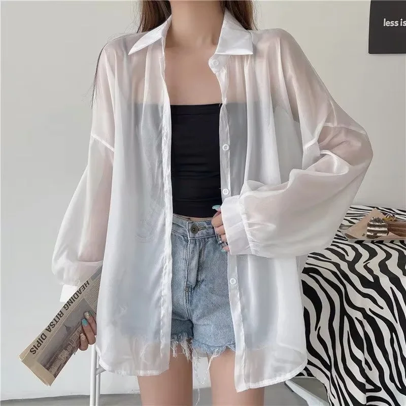 

Women's White Chiffon Shirt Sheer Thin Long Sleeve Blouse Woman Casual Loose Simple Single-breasted Shirts
