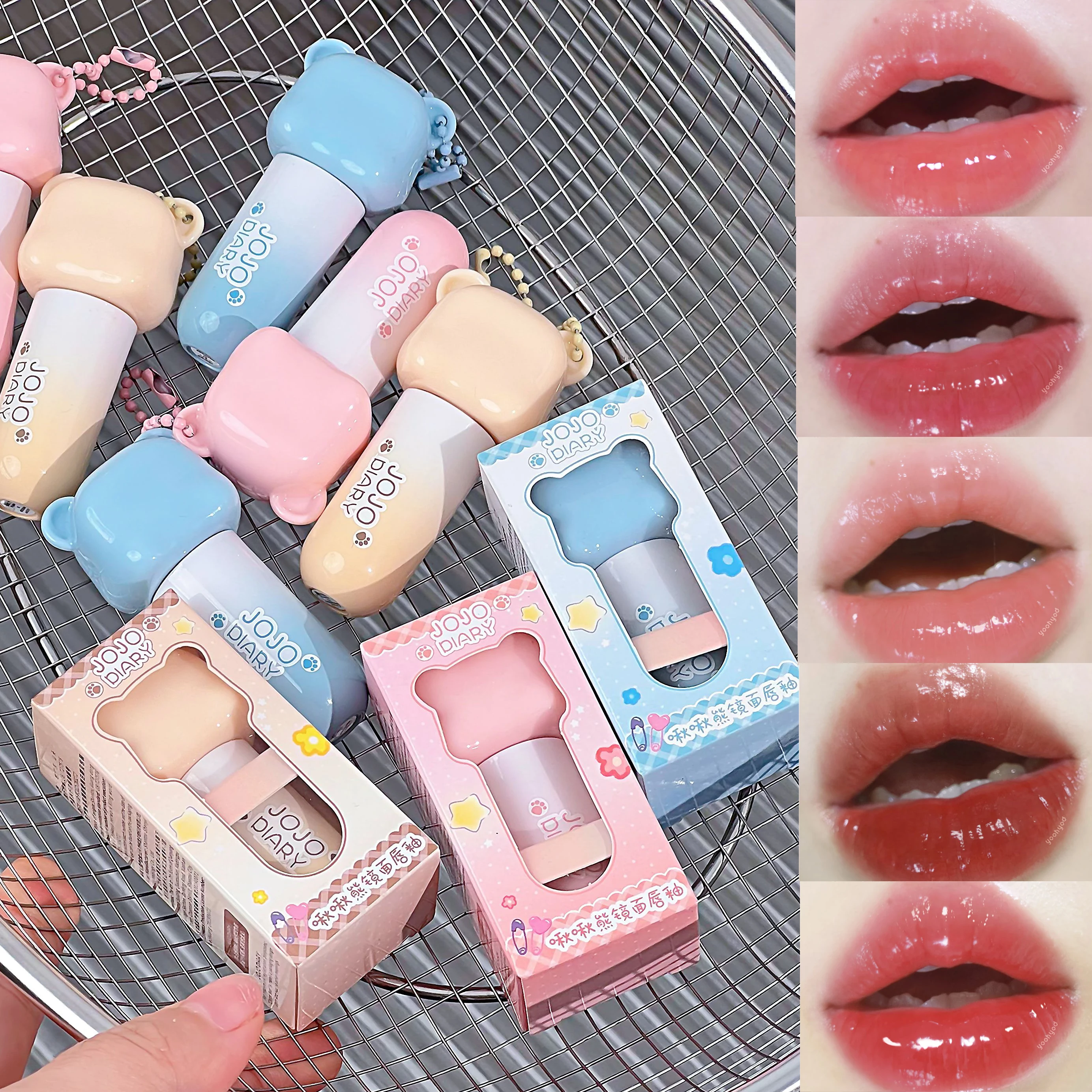 JOJO DAIRY Cute Bear Light-sheer Lip Glaze, 6-color Pendant Watery Glossy Lip Gloss Light Hydrating Moisturizing Lip Gloss