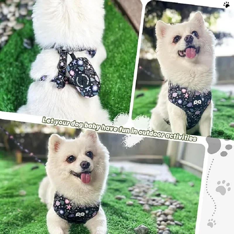 Dog harness collar leash, bracket with poo bag 4 sets, adjustable non-pull soft net cushion back heart, combination