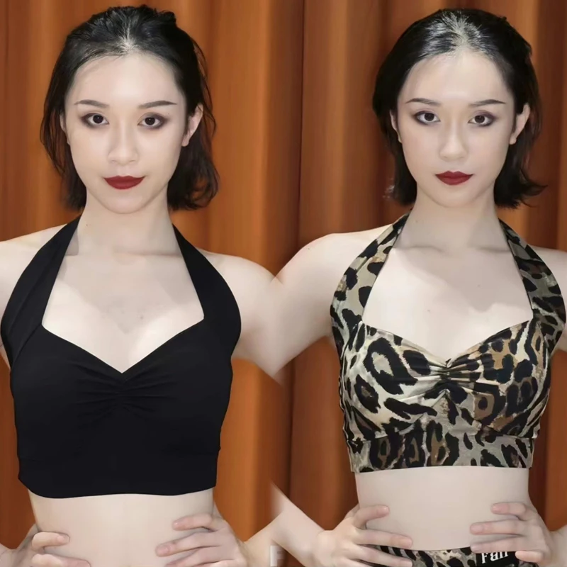 

Summer Women Samba Rumba Latin Dane Tops Sexy Halter Latin Tops Adults Leopard Black Chacha Latin Dance Training Top SL13238