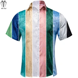 Hi-Tie 26 Colors Silk Mens Shirts Jacquard Short Sleeve Shirt For Men Summer Beach Cool Outerwear Breathable Casual S to XXXL