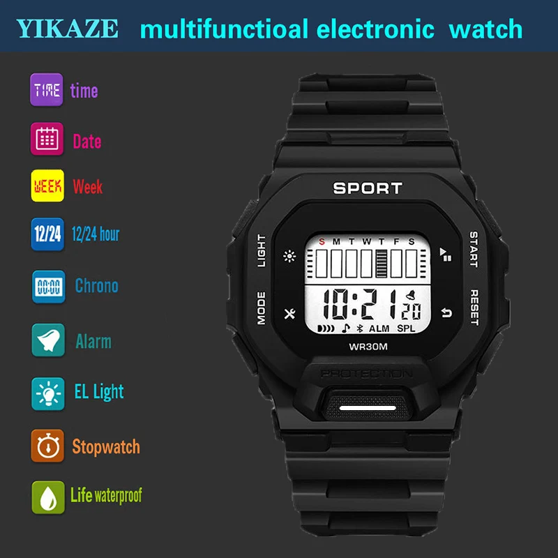 YIKAZE Men\'s Sports Watch Waterproof LED Digital Watches Student Outdoor Adventure Trend Multifunctional Electronic Watch Gift