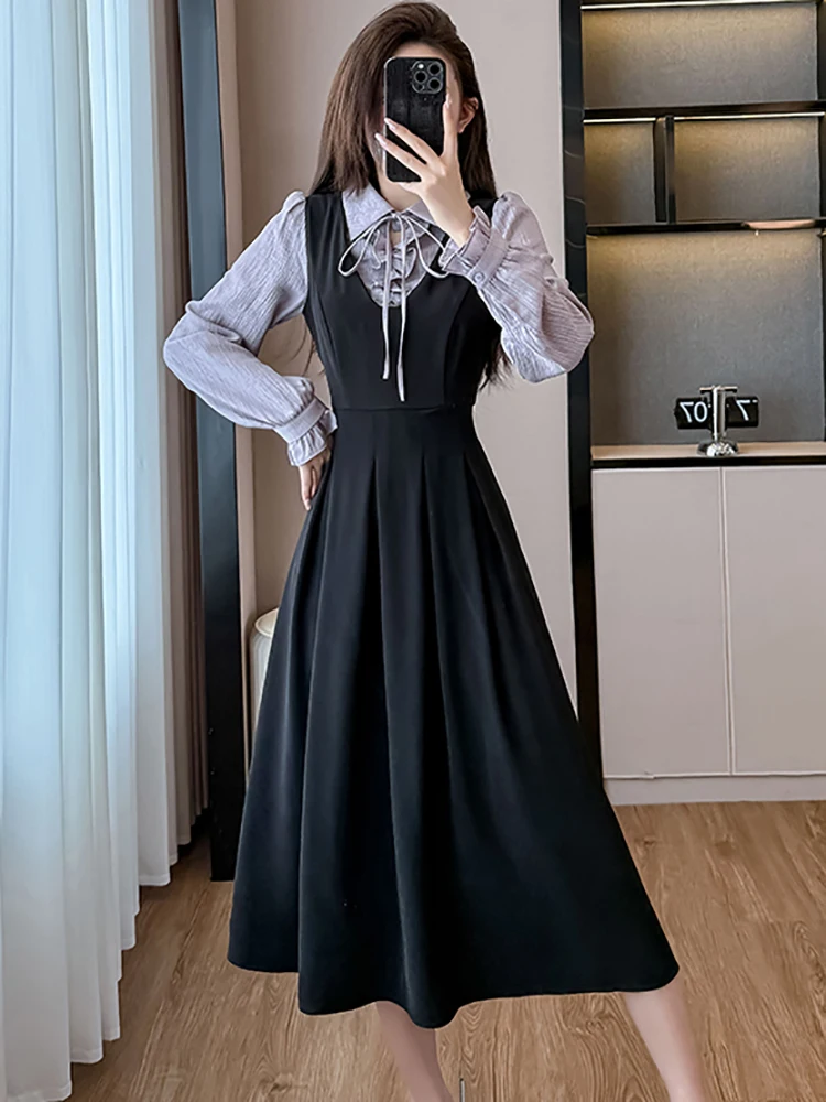 Robe longue noire en Patchwork pour femmes, manches longues, col Polo, avec nœud, élégante, moulante, Vintage coréenne, automne hiver, 2025