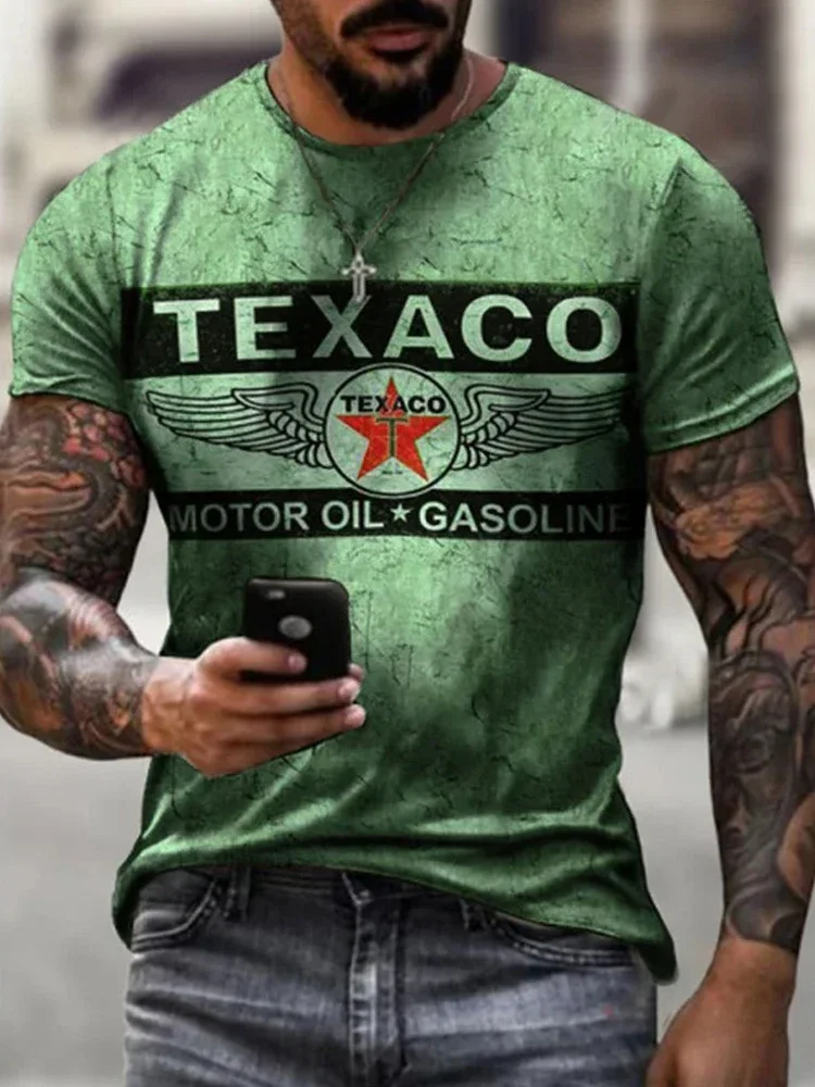 New Men\'s T-shirt Texaco Gasoline+Engine Oil Letters 3D Printed Short Sleeve Tees Summer Oversized Round Neck Retro Man T Shirts