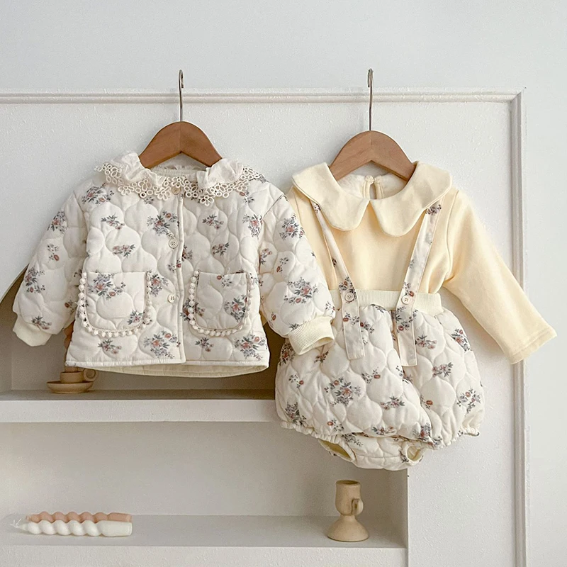 Infant Baby Girls Long Sleeve Sweet Printing Thicken Cotton Jumpsuit Winter Newborn Kids Baby Girls Lace Clothes Rompers