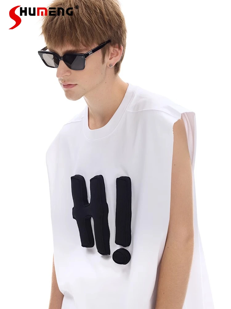 

Couple 2025 Spring Summer New Three-dimensional Pattern Cotton Tops Contrast Color Letter Loose Vests Round Neck Sleeveless Vest