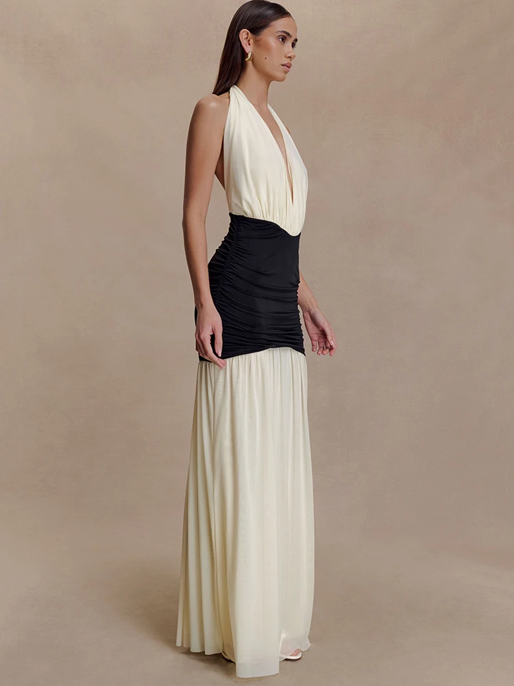 Oniflyme Elegante Patchwork Ärmellose Frauen Maxi Kleid Sexy Halter V-ausschnitt Backless A-line Party Kleider Weibliche Bodycon Roben