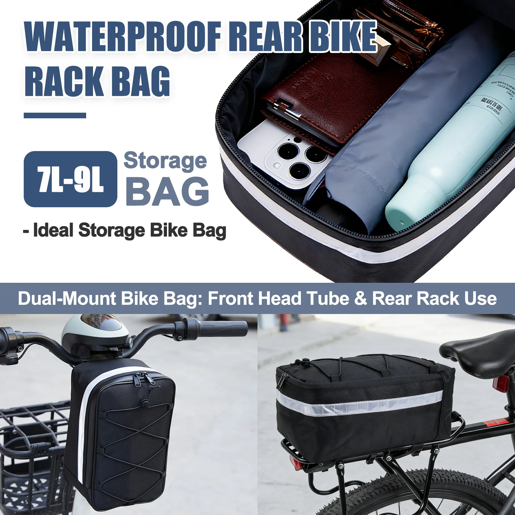 Rear Bike Rack Bag, 7L-9L Waterproof Storage Bag for Ebike & Bicycle Rear Racks With Reflector Strips Snap Fastener Installation