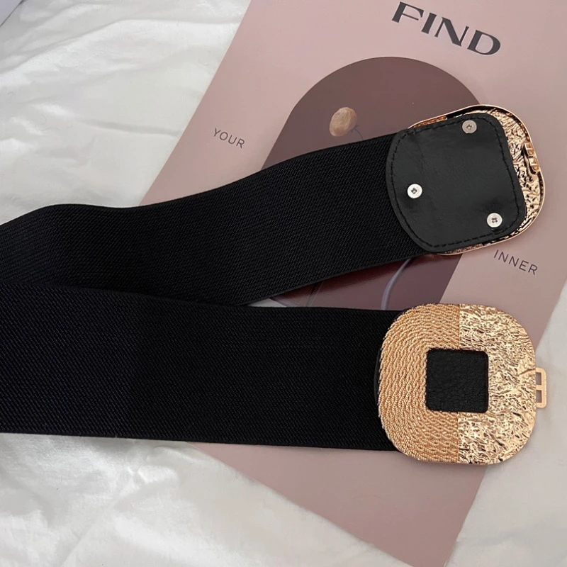 Square Buckle of Metal Women\'s Elastic Waistband Wide Decorative Suit Outerwear Dress Fashionable Belt Black חגורה לנשים