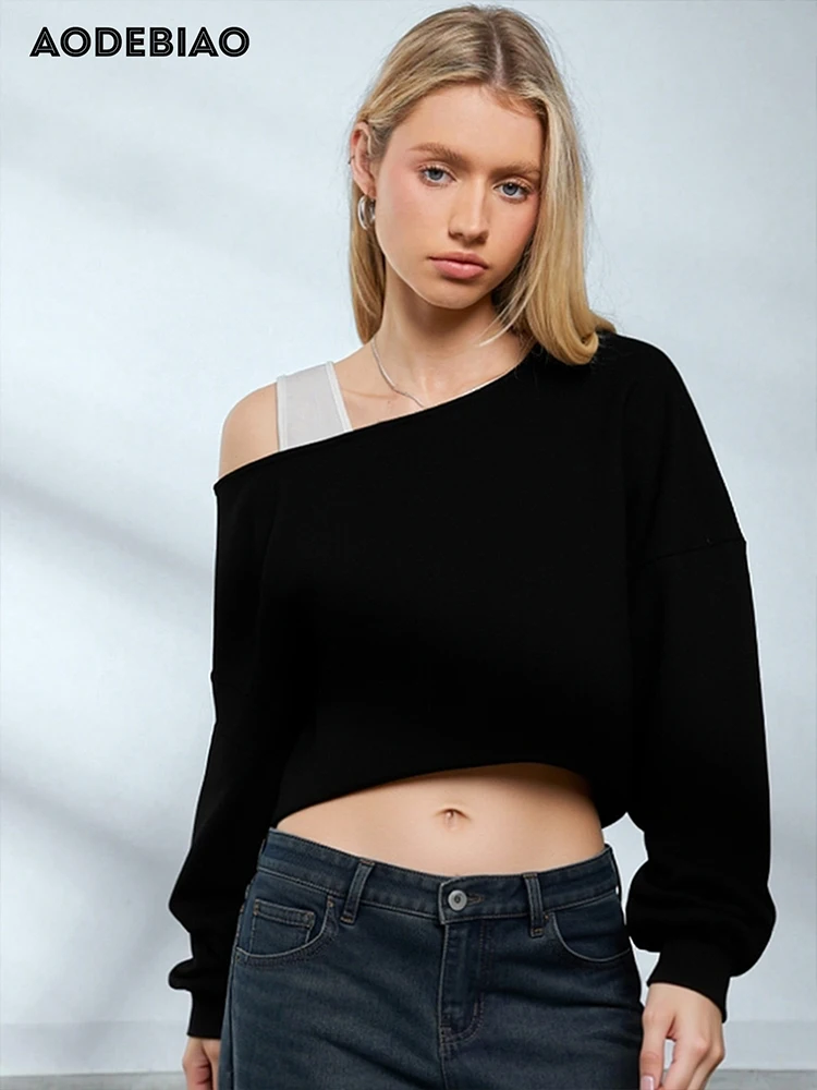 AODEBIAO Women Hoodie Autumn Winter Long Sleeves Fashion Solid Top Sexy Off-shoulder Casual Streetwear New Black Hoodie Women