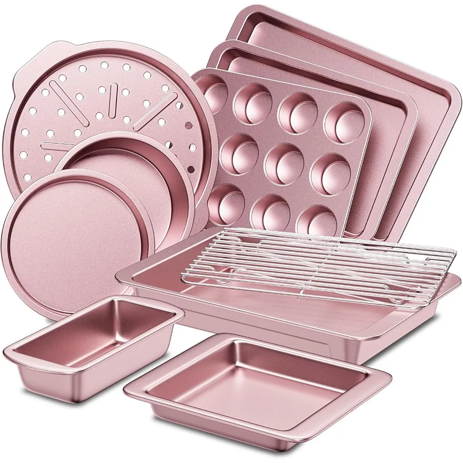 

HONGBAKE Bakeware Sets Baking Pans Set Nonstick Oven Pan for Kitchen with Wider Grips 10Piece Including Rack Cookie Sheet Cake