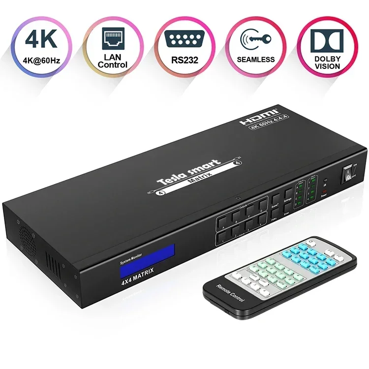 TESMART High Quality 4x4  Matrix Switcher 4 Input 4 Output LAN RS232 Matrix 3840*2160@60Hz Matrix