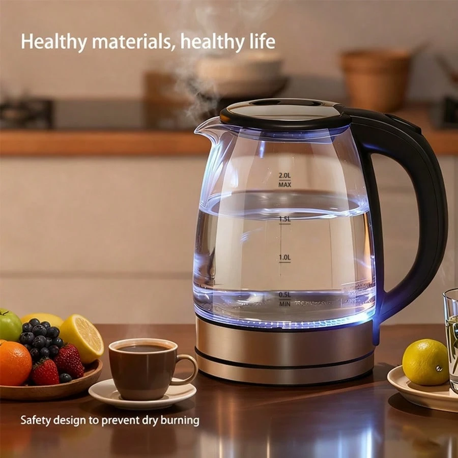 2.0L Large‑Capacity Glass Electric Kettle, 1000W Fast Heating Boiler with Anti‑Dry Burn Protection, for Kitchen, Dining & Living Room, Great for Coffee & Milk Preparation