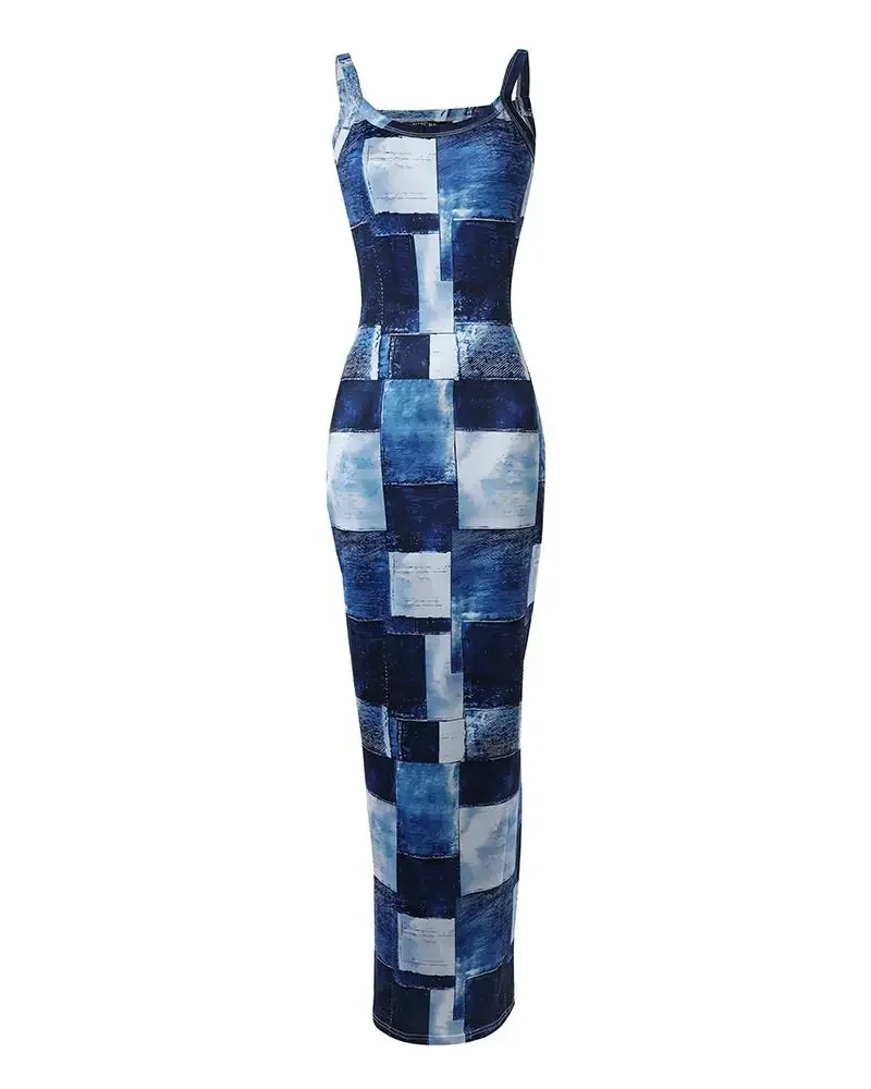 Women 2024 New Dress Denim Look Print U-Neck Maxi Dress