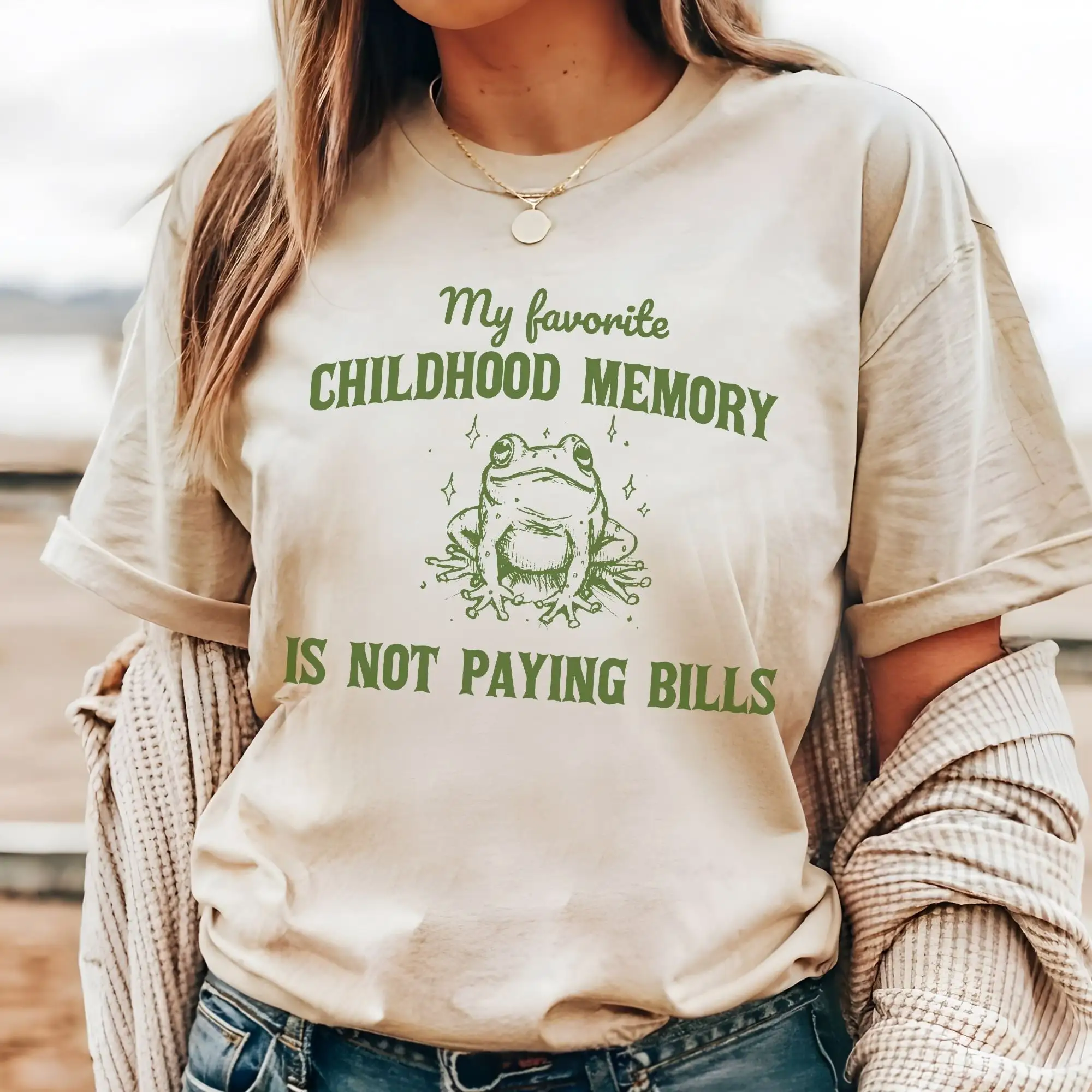 Fav Childhood Memory Is Not Paying Bills T Shirt Funny Frog Sarcastic Saying Retro 90S Gag Meme Unisex