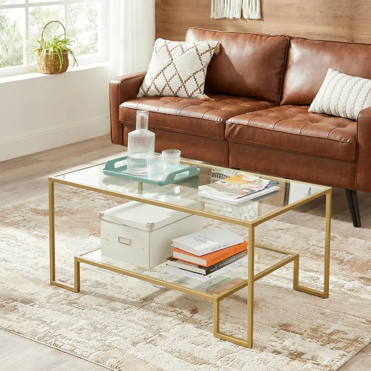 VASAGLE Glass Coffee Table with Storage for Living Room, Tempered Glass Surface, Steel Frame, 100 x 55 x 45 cm, Golden Color