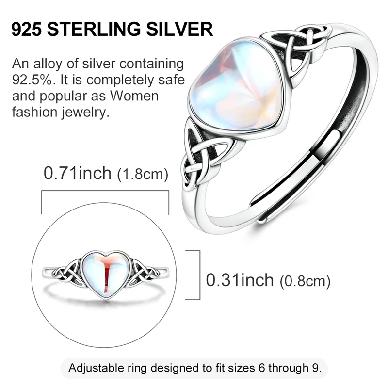 925 Sterling Silver Celtic Knot Heart Moonstone Adjustable Open Ring Vintage Irish Trinity Knot Ring Eternity Love Jewelry Gift