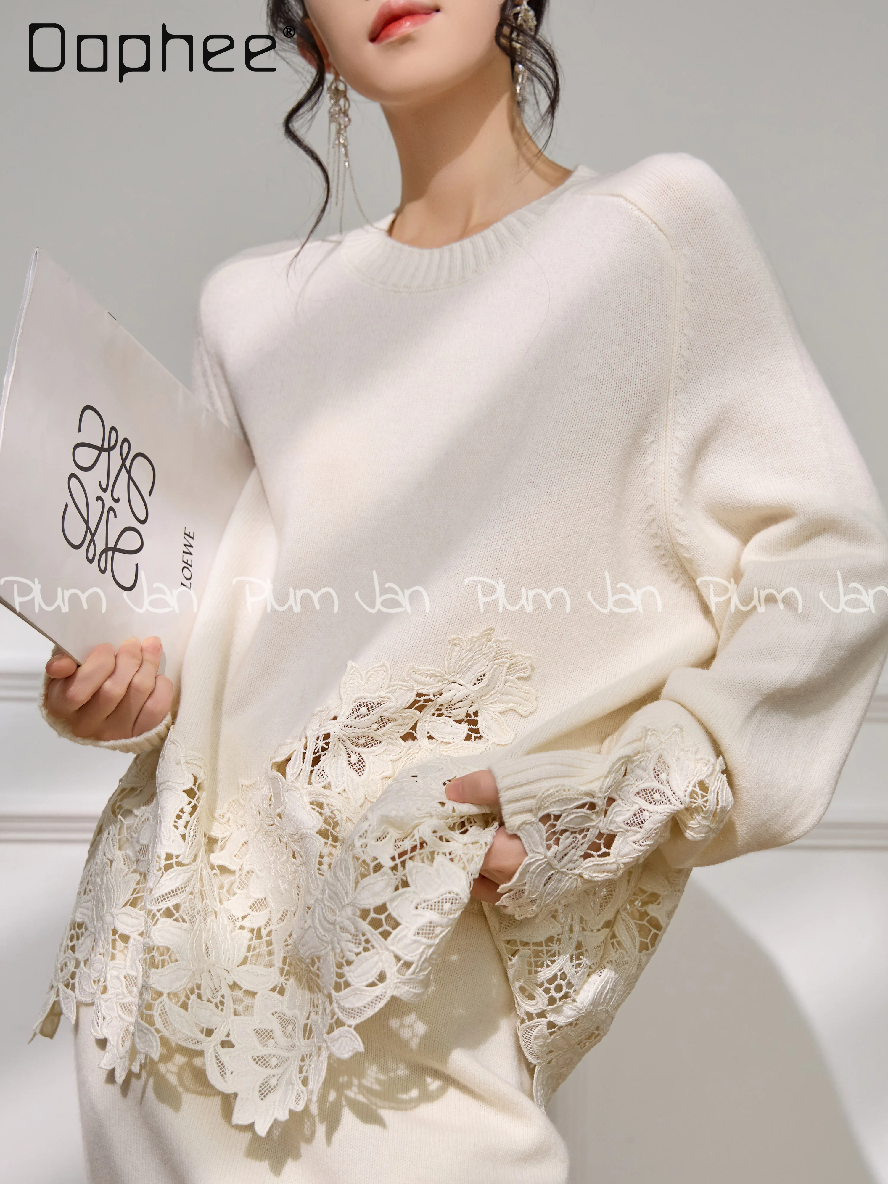 

French Elegant Socialite Lace Hollow Out Patchwork White Knitted Sweater Skirt Sets Winter High-end Gentle Style Two-piece Sets
