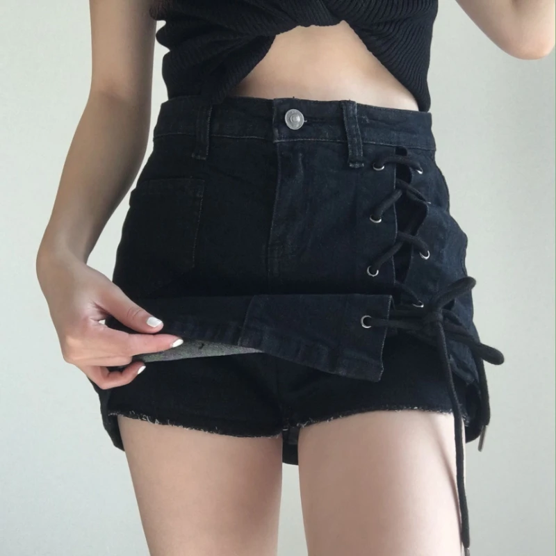 

Sexy Black Lace Up Side Slit Elasticity Mini Denim Skirts Summer Goth Girl Club Shorts Skirts Women High Waist Jeans Skirts 5XL