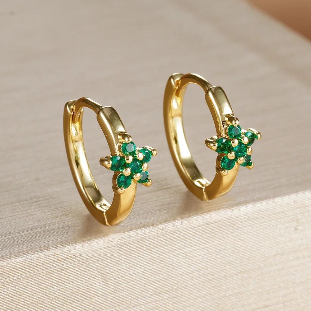 2PCS Stainless Steel Gold Color Stylish Flower Hoop Earrings For Women 18k Gold Plated Colorful Zircon Earring Piercing Jewelry — zdjęcie 6