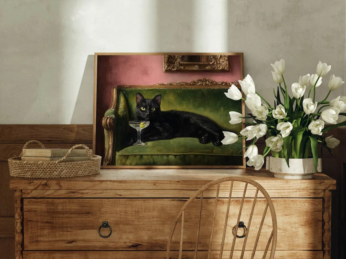 Black Cat Martini Oil Painting Print Regal Green Velvet Sofa Art Baroque Pink Wall Décor Whimsical Cocktail Lounge Cat Artwork,