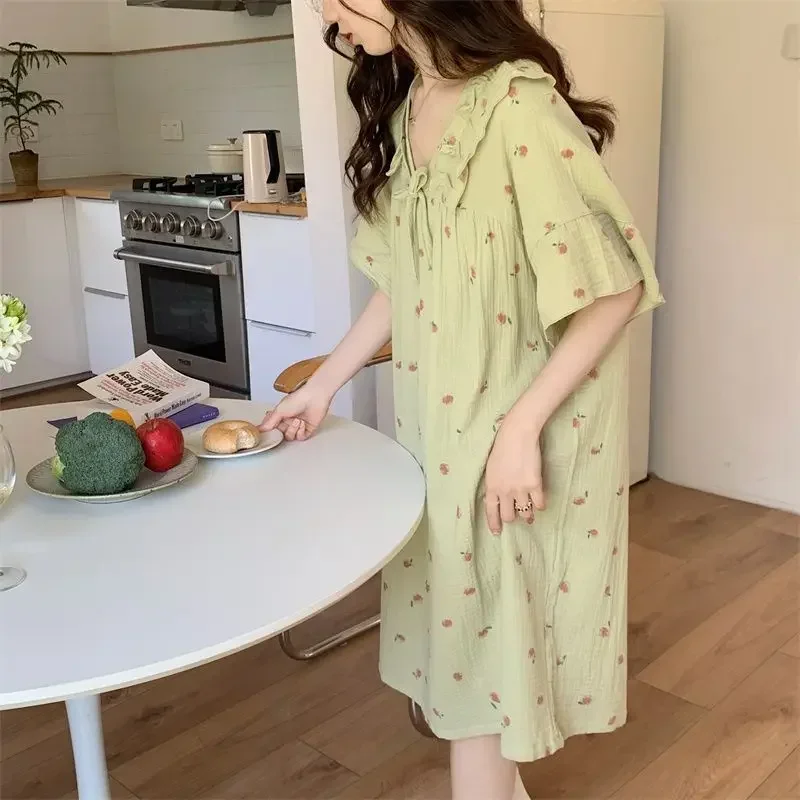 Sweet Night Dress Women Korean Style Pajamas Dress Summer Sleepwear Night Wears for Women Short Sleeve V Neck Homewear Nightgown