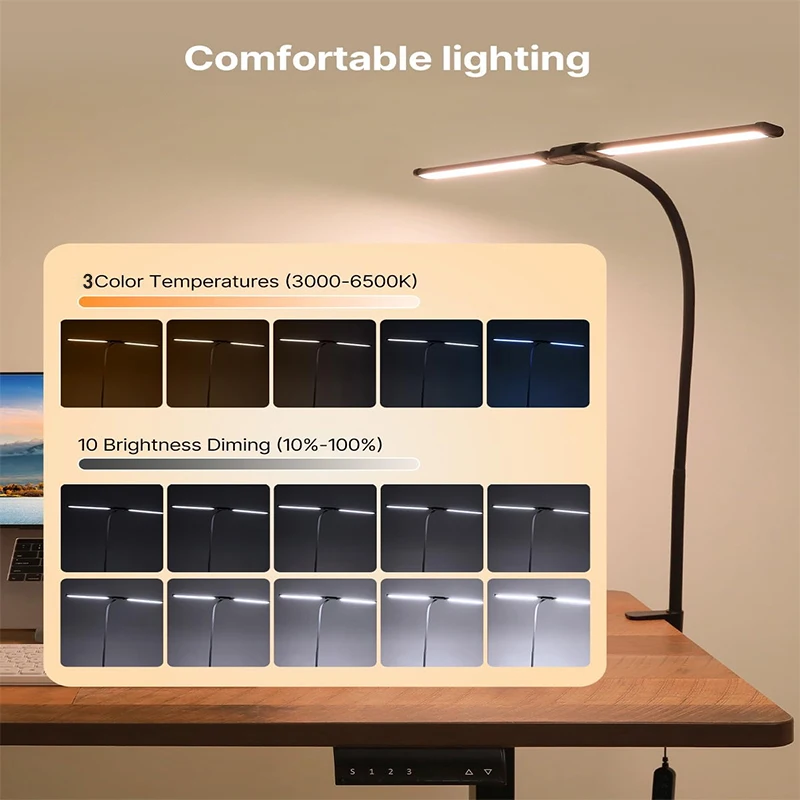 LED Desk Lamp with Clamp, Double Head Architect Eye-Caring With 360° Adjustable Gooseneck, 3 Lighting Modes For Studying Working