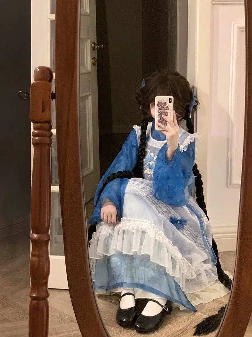 Eclectic "Island Dream" Chinese-Western Fusion Ming-Style Modified Lined Blue Rose Embroidered Overdress Lolita Hanfu Spring