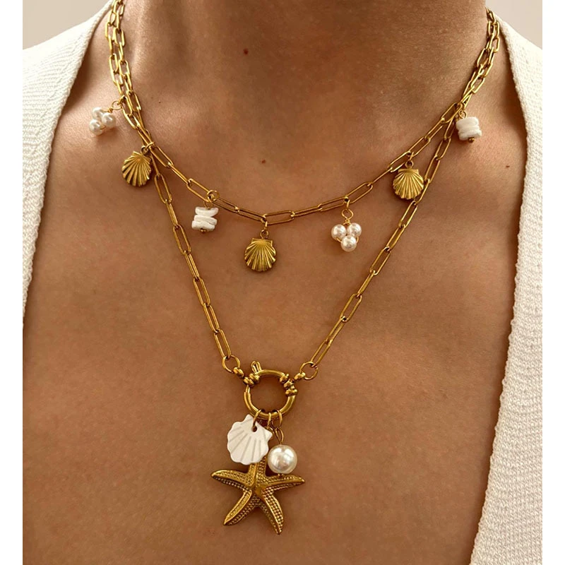 

Ailodo Stainless Steel Shell Starfish Pendant Necklace For Women Elegant Summer Beach Necklace Simple Fashion Jewelry Girls Gift