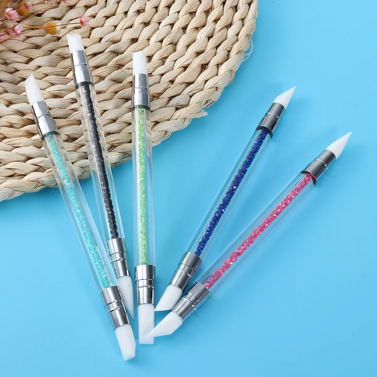 5 pezzi in silicone per nail art, penna per intaglio, angolo conico, punta a scalpello piatto per smalto gel, vernice acrilica, manico con strass, strumenti per nail art