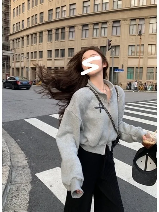 

Ретро-американская спортивная толстовка для женщин, тонкая, на раннюю весну, с двойной молнией, длинными рукавами, топ-куртка