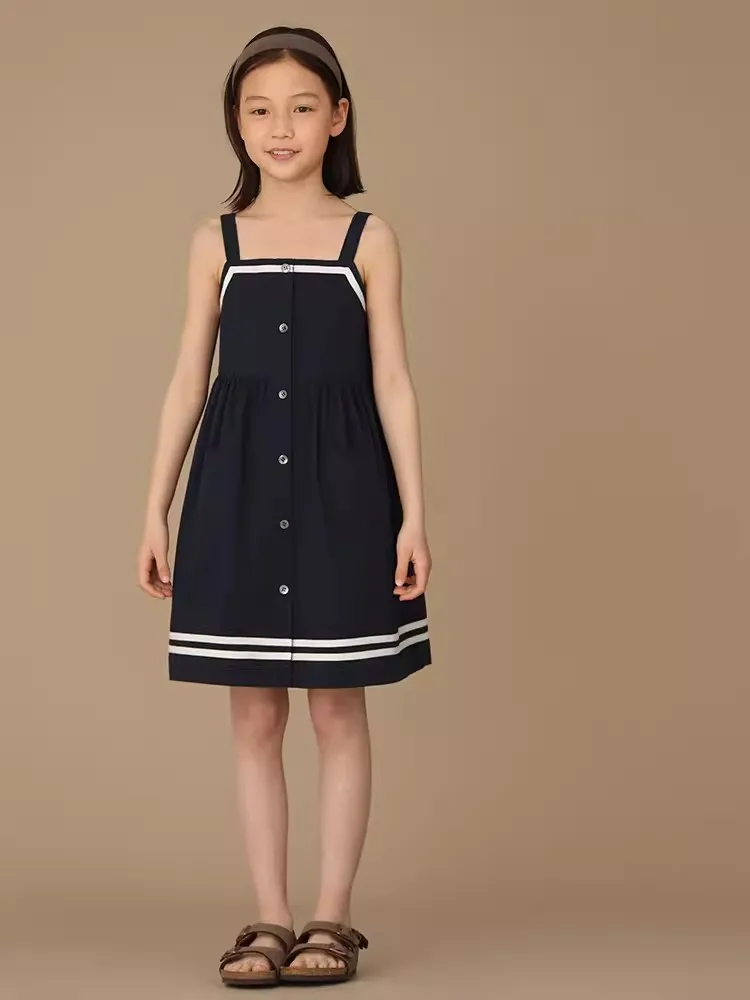 Korean Summer Junior Girl Academic Style Dress Teenager Girl Sleeveless Sling  Navy Collar Dress Children Girl Elegant Dress