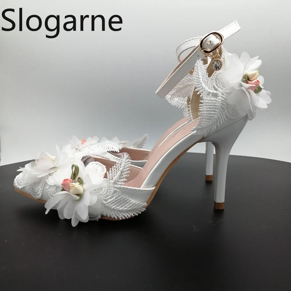 

Flower White Wedding Dress Bridal Shoes Women Super High Heels Sandals Ladies Beautiful Pumps Stilettos High Quality Party Shoes