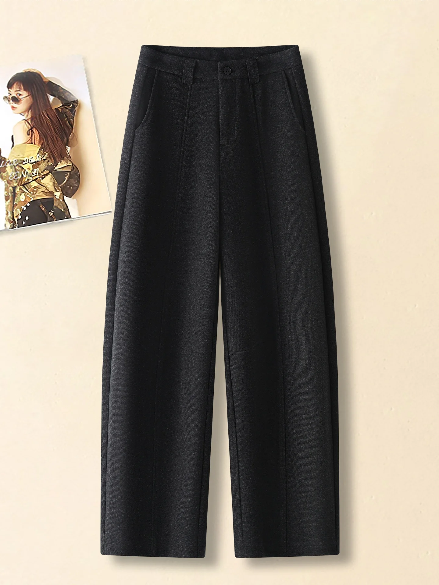 

High Waist Slimming Casual Woolen Fleece Lined Knife Wide Leg Pants Women's Autumn Winter New Style Comfortable Trousers