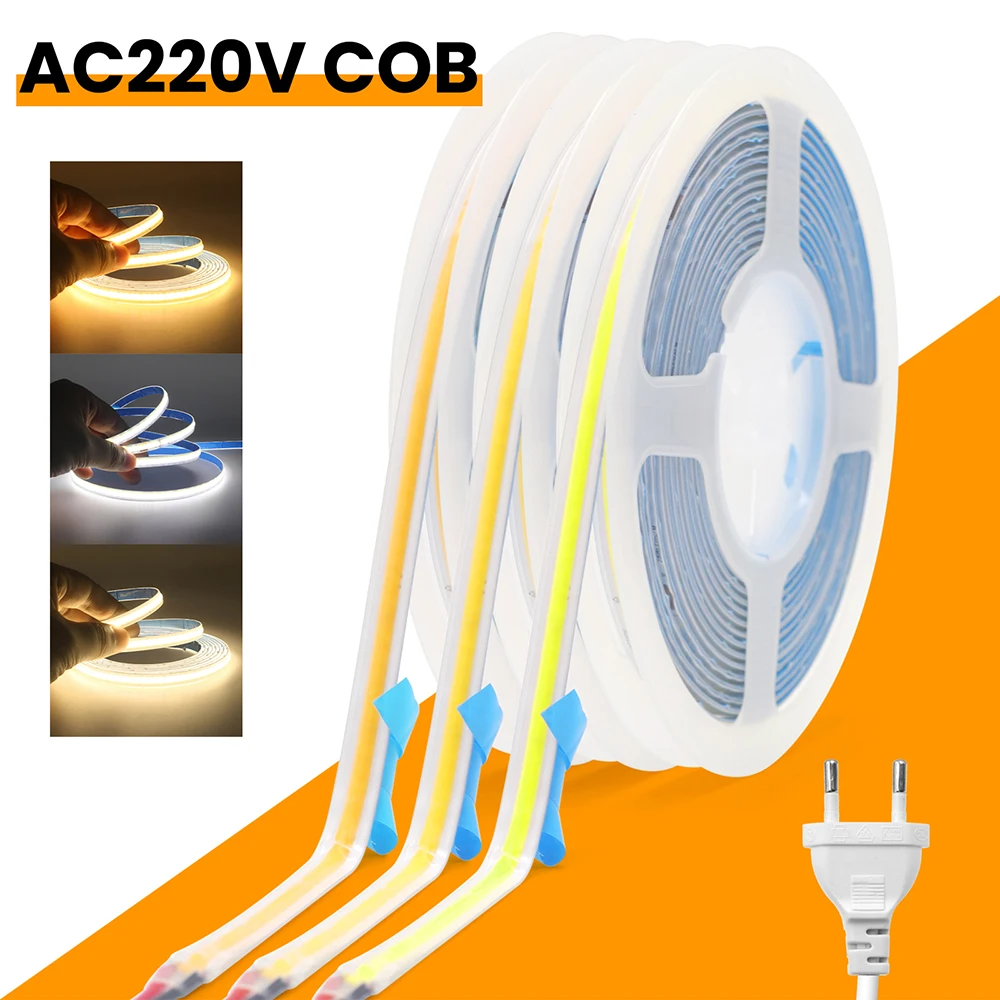 COB LED Strip Light Tape 2pin Connector/Power Plug Kit Waterproof AC 220V 110V 3000K 4000K 6000K 288 LEDs Flex Tube Lamp with IC